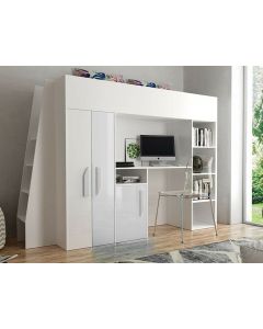 Samengesteld bed PARADISIO 90x200 cm wit/ hoogglans wit met ladder aan de linkerzijde