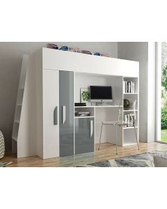 Samengesteld bed PARADISIO 90x200 cm wit/hoogglans grijs met ladder aan de linkerzijde