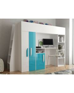 Samengesteld bed PARADISIO 90x200 cm wit/hoogglans blauw met ladder aan de linkerzijde