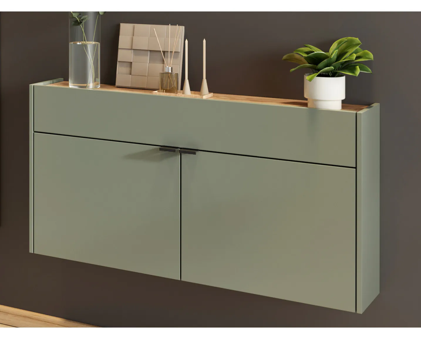 Wandkast AMEYA 2 deuren 1 lade 110 cm groen/navarra eik (horizontaal)