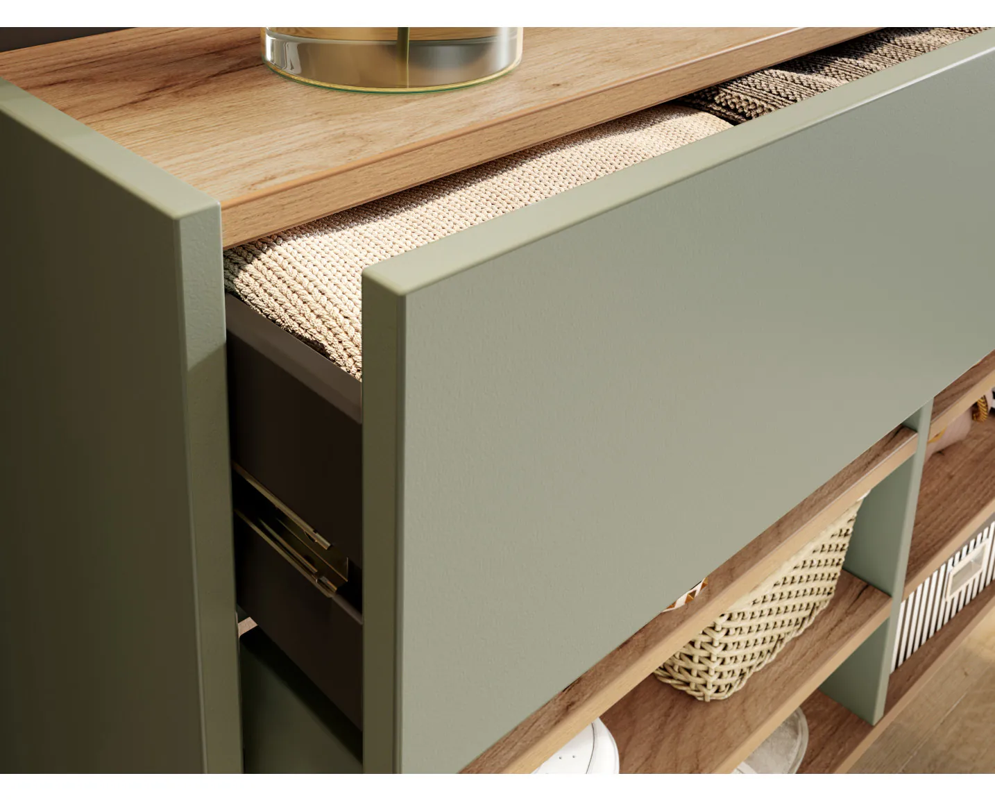 Wandkast AMEYA 2 deuren 1 lade 110 cm groen/navarra eik (horizontaal)
