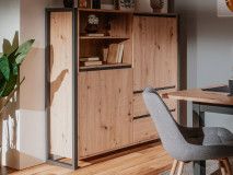 Hoge commode DENZEL 2 deuren 2 lades eik artisanaal/antraciet 