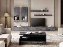 Tv-meubel set BABEL 5 deuren kleurrijke leisteen met led met salontafel