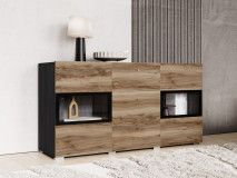 Commode BABEL 2 deuren en 3 lades walnoot/grijs eik met verlichting