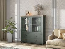 Vitrinekast EVOCO 2 deuren en 2 lades ribbec eik/groen met led 