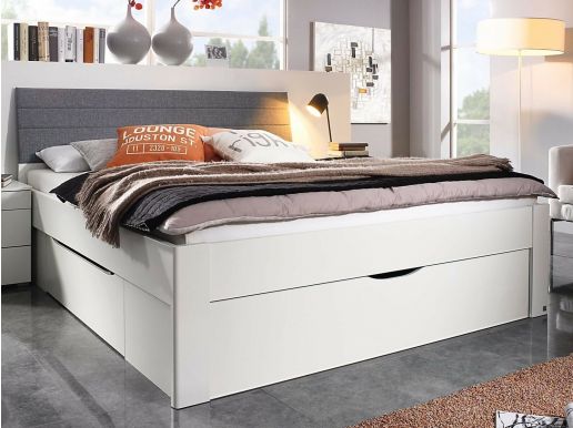 Bed SCARLETT 160x200 cm wit met drie lades met hoofdeinde met stof