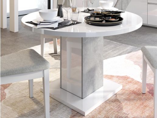 Ronde eettafel GOLIATH 120 cm hoogglans wit/beton met verlengstukken