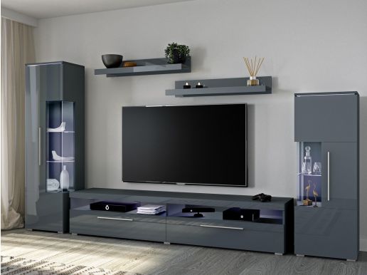Tv-meubel set INAZO 4 deuren rechts grijs/hoogglans grijs met led