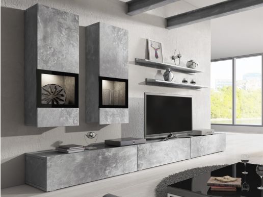 Tv-meubel set BABEL 5 deuren beton met verlichting zonder salontafel