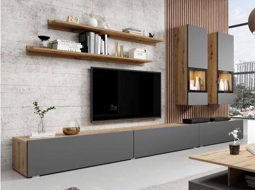 Tv-meubel set BABEL 5 deuren eik artisan/grijs met led zonder salontafel