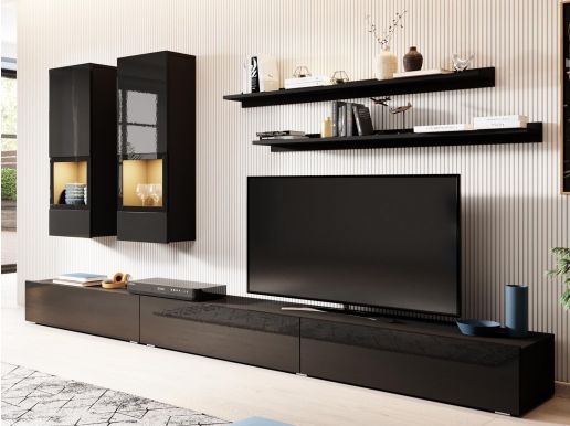 Tv-meubel set BABEL 5 deuren hoogglans zwart met verlichting zonder salontafel