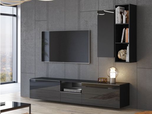Tv-meubel HELA II 3 deuren 1 lade zwart/hoogglans zwart zonder led