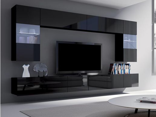Tv-meubel set SIDNEY 9 deuren zwart/hoogglans zwart zonder led