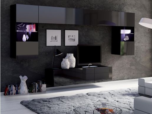 Tv-meubel set TOKYO 7 deuren zwart/hoogglans zwart zonder led 