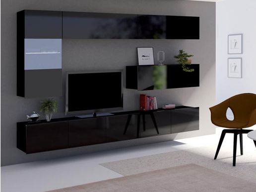 Tv-meubel set VALENCE 9 deuren zwart/hoogglans zwart zonder led