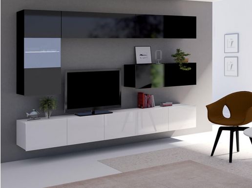 Tv-meubel set VALENCE 9 deuren hoogglans wit/hoogglans zwart zonder led