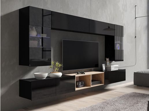 Tv-meubel set BALIVIA 8 deuren hoogglans zwart/artisan eik