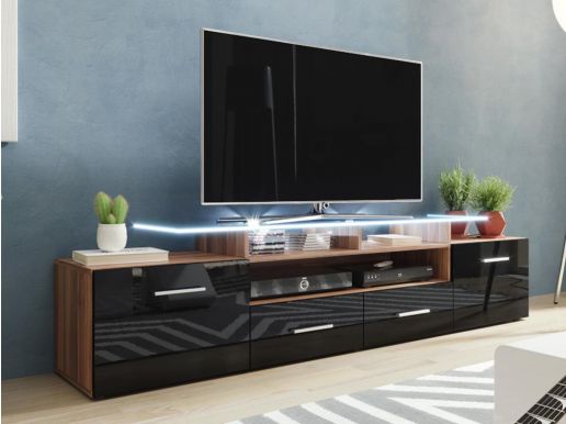 Tv-meubel EVA 2 deuren 2 lades wotan eik/hoogglans zwart met led 