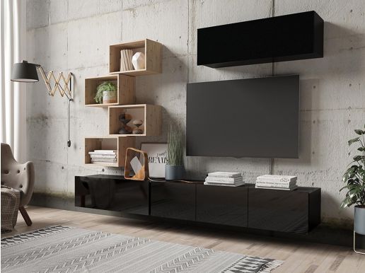 Tv-meubel set BRASILIA 5 deuren hoogglans zwart/artisan eik