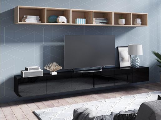 Tv-meubel set SNOOLA 6 deuren artisan eik/hoogglans zwart