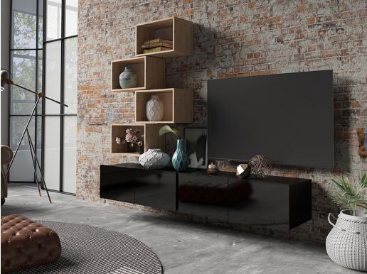 Tv-meubel set BURANO 3 deuren hoogglans zwart/gouden eik