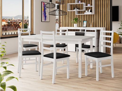 Eettafel ALMATA 160>200 cm wit met 6 stoelen en kussens zwart 