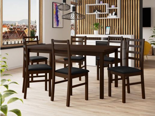 Eettafel ALMATA 160>200 cm bruin met 6 stoelen en kussens zwart