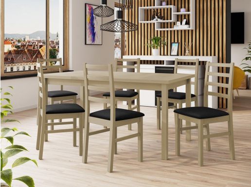 Eettafel ALMATA 160>200 cm sonoma met 6 stoelen en kussens zwart