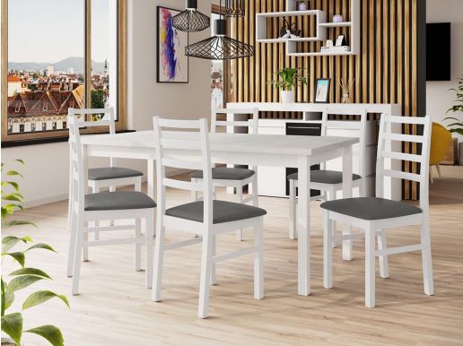Eettafel ALMATA 160>200 cm wit met 6 stoelen en kussens grijs