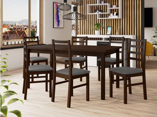 Eettafel ALMATA 160>200 cm bruin met 6 stoelen met kussens grijs 