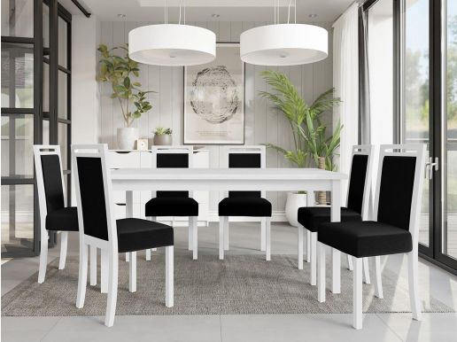 Eettafel ALF 160>200 cm wit met 6 stoelen en zwarte kussens