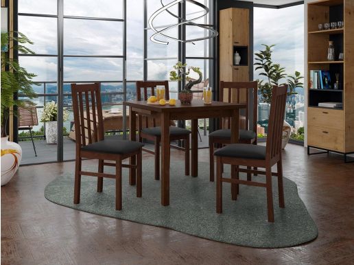 Eettafel AMENO 80>110 cm bruin met 4 stoelen en zwarte kussens