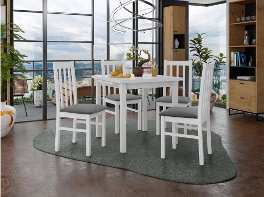 Eettafel AMENO 80>110 cm wit met 4 stoelen en grijze kussens