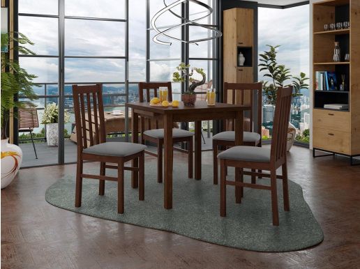 Eettafel AMENO 80>110 cm bruin met 4 stoelen en grijze kussens