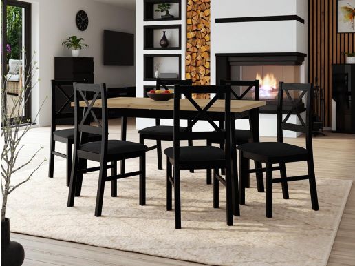 Eettafel ALONSO 140>180 cm zwart met 6 stoelen en zwarte kussens