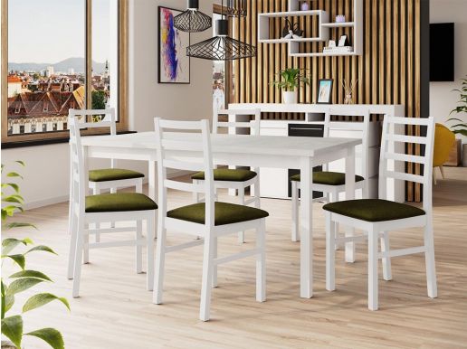 Eettafel ALMANAC 160>200 cm wit met 6 stoelen en kussens groen