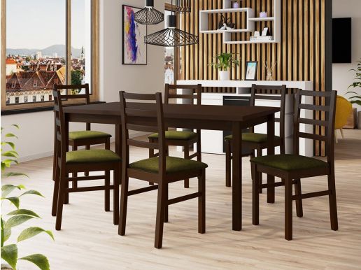 Eettafel ALMANAC 160>200 cm bruin met 6 stoelen en kussens groen