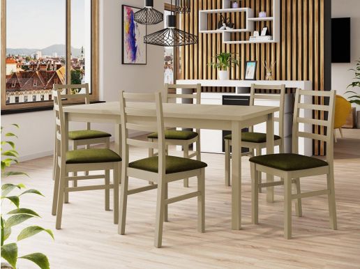 Eettafel ALMANAC 160>200 cm sonoma met 6 stoelen en kussens groen 