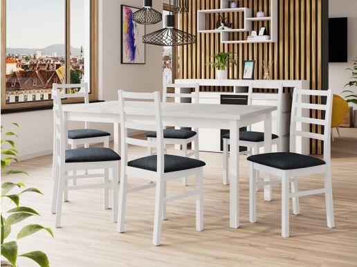 Eettafel ALMANAC 160>200 cm wit met 6 stoelen en kussens grijs
