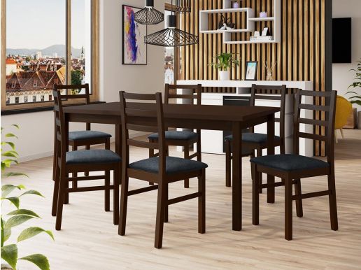 Eetafel ALMANAC 160>200 cm bruin met 6 stoelen en kussens grijs