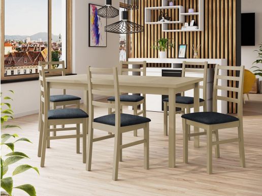 Eettafel ALMANAC 160>200 cm sonoma met 6 stoelen en kussens grijs
