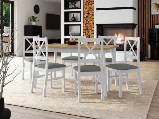 Eettafel ALEZY 140>180 cm wit met 6 stoelen en grijze kussens 