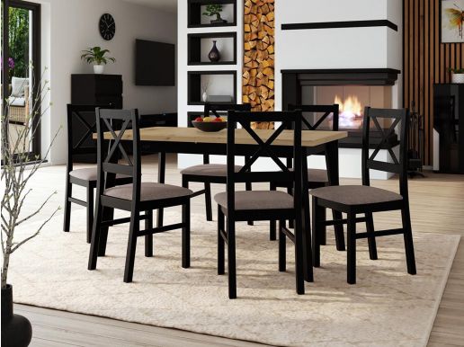 Eettafel ALEZY 140>180 cm zwart met 6 stoelen en taupe kussens 