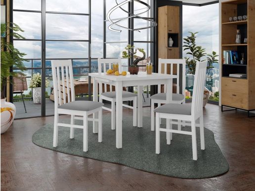 Eettafel ALITORA 80>110 cm wit met 4 stoelen en grijze kussens 