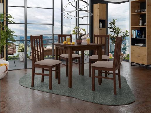 Eettafel ALITORA 80>110 cm bruin met 4 stoelen en taupe kussens