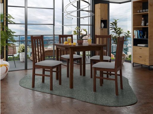 Eettafel ALITORA 80>110 cm bruin met 4 stoelen en grijze kussens