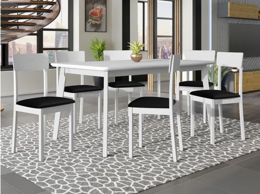 Eettafel HENRY 160>200 cm wit met 6 stoelen en zwarte kussens