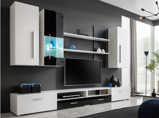 Tv-meubel set THORGAN 5 deuren 2 lades wit/zwart 