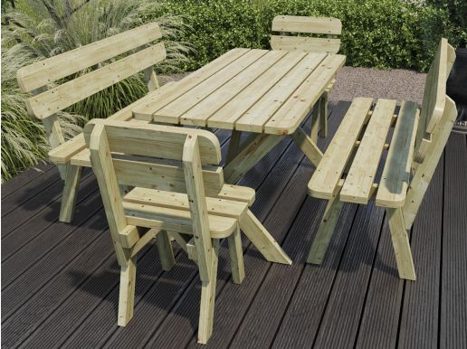 Tuinset eettafel, bank en stoelen ANGEL 150 cm natuurlijke pijnboom 