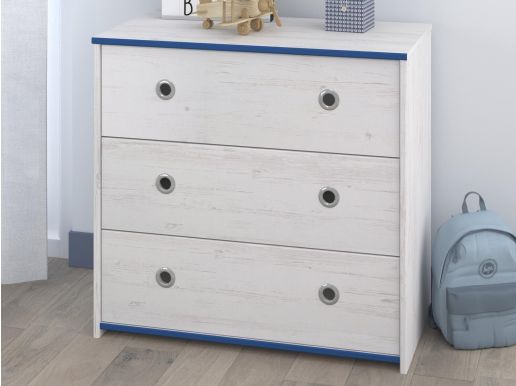 Commode SMOOKIE 3 lades witte pijnboom/blauw